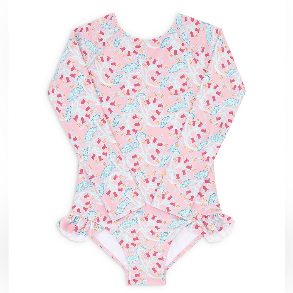 Minnow Girls’ Bluebells Long Sleeve One Piece Rash Guard Swimsuit - Size 1